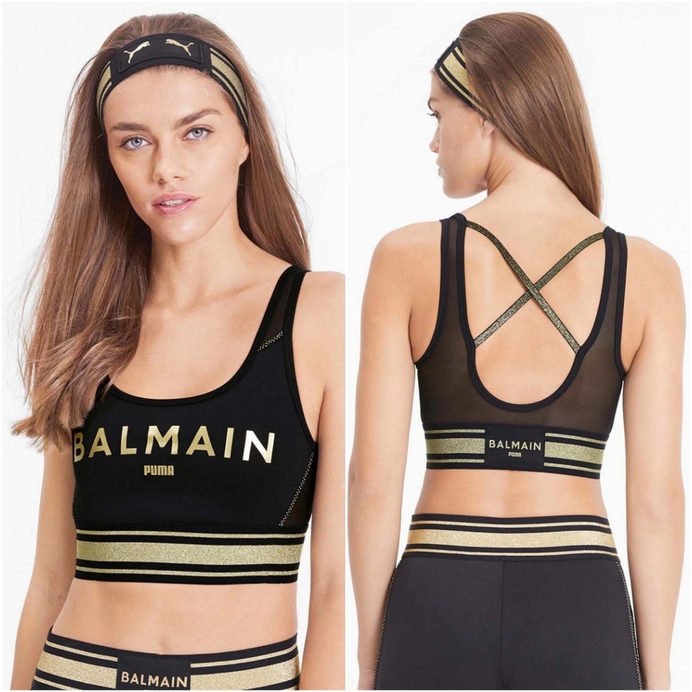 NEW! Balmain X Puma Black Powermesh Sports Bra with Gold Detailing XXS